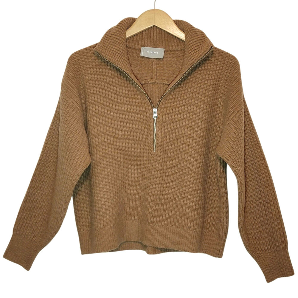 Everlane The Half-Zip Wool Ribbed Knit Sweater Long Sleeve Camel Tan S Classic - Picture 16 of 16